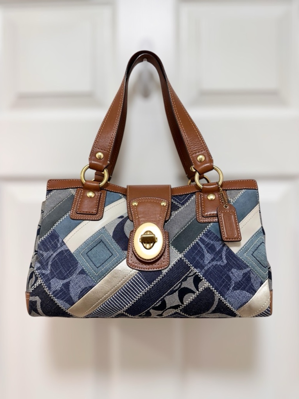 Coach Hamptons Satchel Bag Denim Patchwork Saddle Leather Turnlock